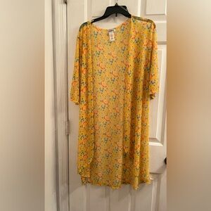 Size medium golden yellow floral hibiscus long open sheer coverup cardigan